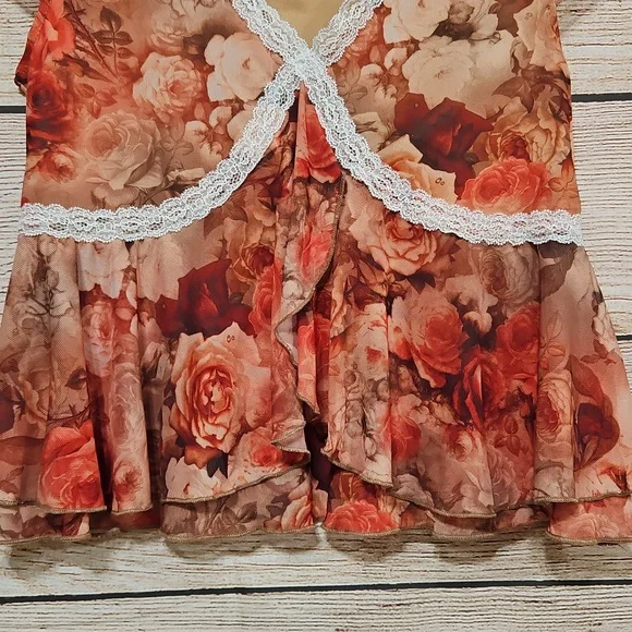 💟 NWT Rebellious Dreamer Brown Orange Floral Lace Mesh Babydoll Blouse Medium - Picture 3 of 9